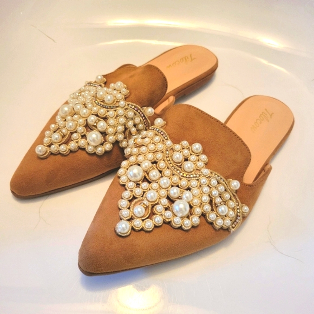 Elegant Brown Faux Suede Mules with Pearl Embellishments Sz 7.5